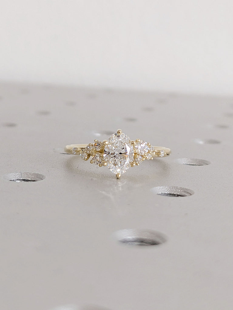Oval cut VVS Lab Grown Diamond Engagement Proposal Ring for Her | 14K 18K Yellow Gold Snowdrift Diamond Cluster Wedding Band