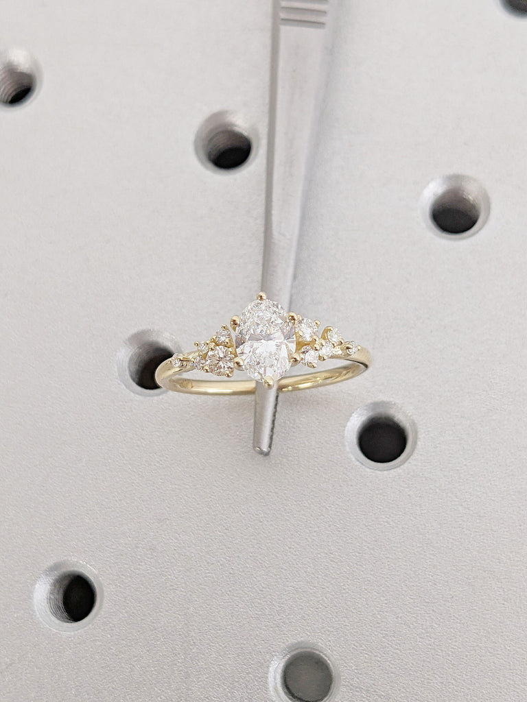 Round Lab Grown Diamond 14K Yellow Gold Engagement Ring | Unique Snowdrift 6 Prong Diamond Cluster Proposal Ring | Wedding Ring for Her