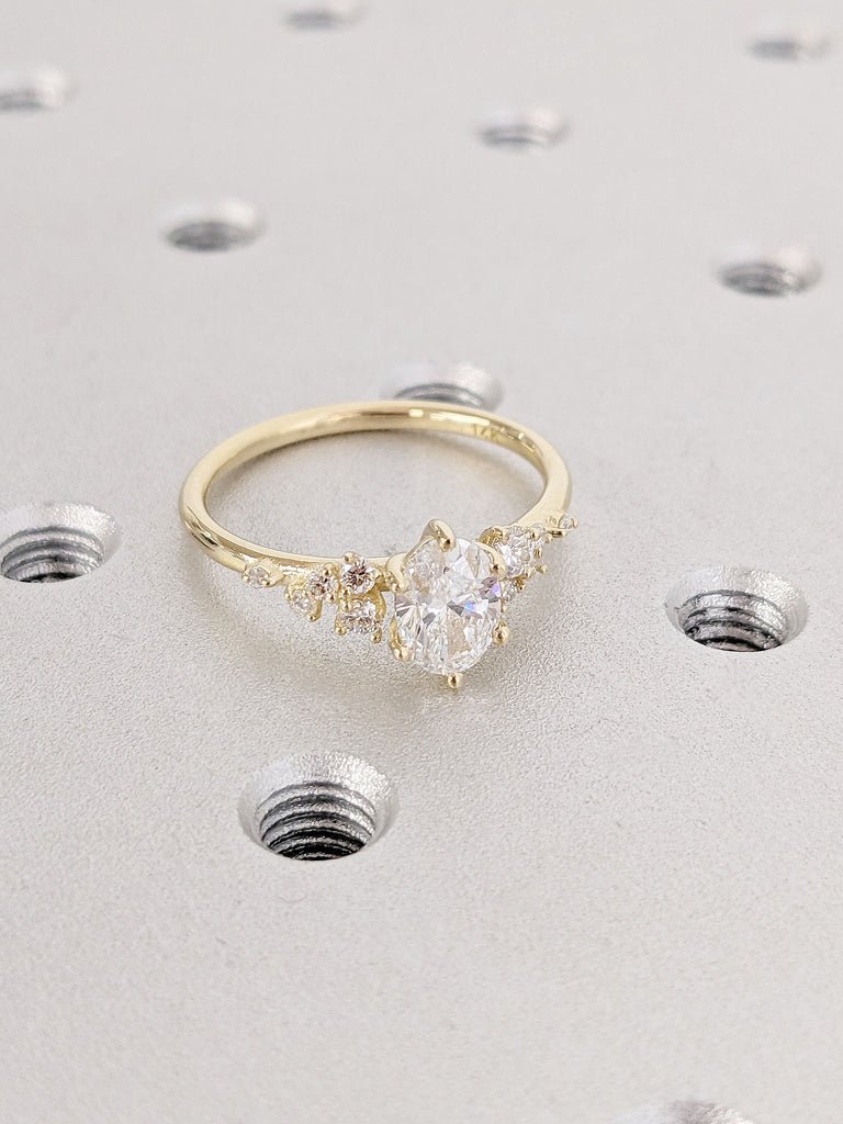 Oval Cut VVS Moissanite Art Deco Women Engagement Ring | 14K 18K Solid Gold Unique Snowdrift 6 Prongs Diamond Cluster Proposal Wedding Ring