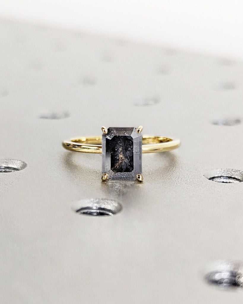 Solitaire Emerald Cut Grey Salt and Pepper Diamond Ring | 4 Prong Emerald Cut Ring | Solid Gold Dainty Engagement Ring | Unique Promise Ring