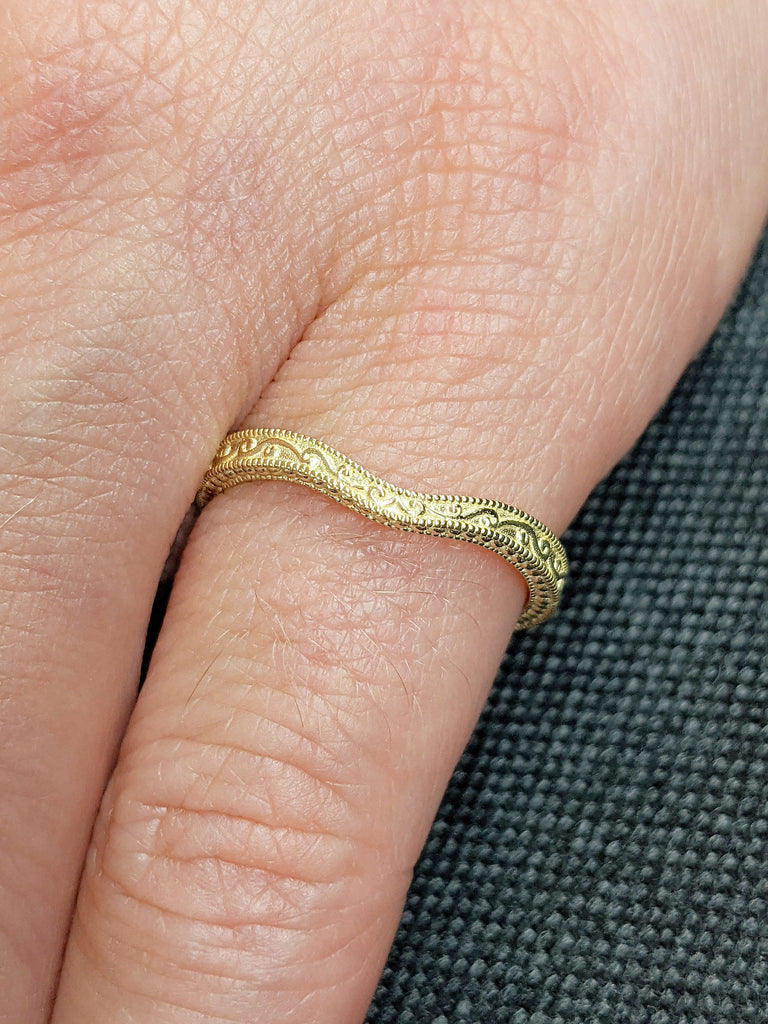 14K Gold Floral Engraved Wedding Band | Womens Solid Gold Thick Gold Ring | Vintage Design Leaf Pattern Ring | Nature Inspired Wide Ring