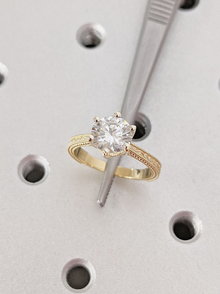 1ct Round cut Moissanite Solitaire Wedding Anniversary Ring for Wife | Vintage Inspired Filigree Promise Ring | 14K 18K Gold Ring for Her