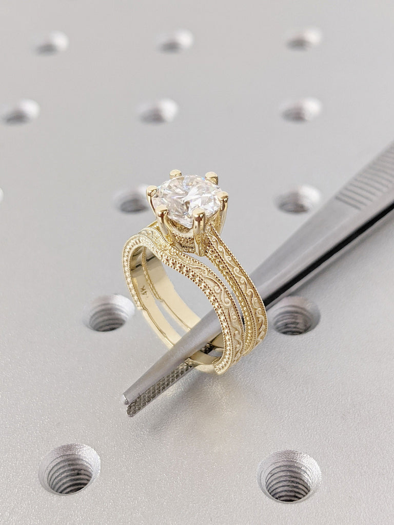 Vintage Moissanite Engagement Ring Set, Round Cut Moissanite ring, Solitaire Ring, Real Gold Bridal Ring, Filigree Wedding Band, Unique Ring