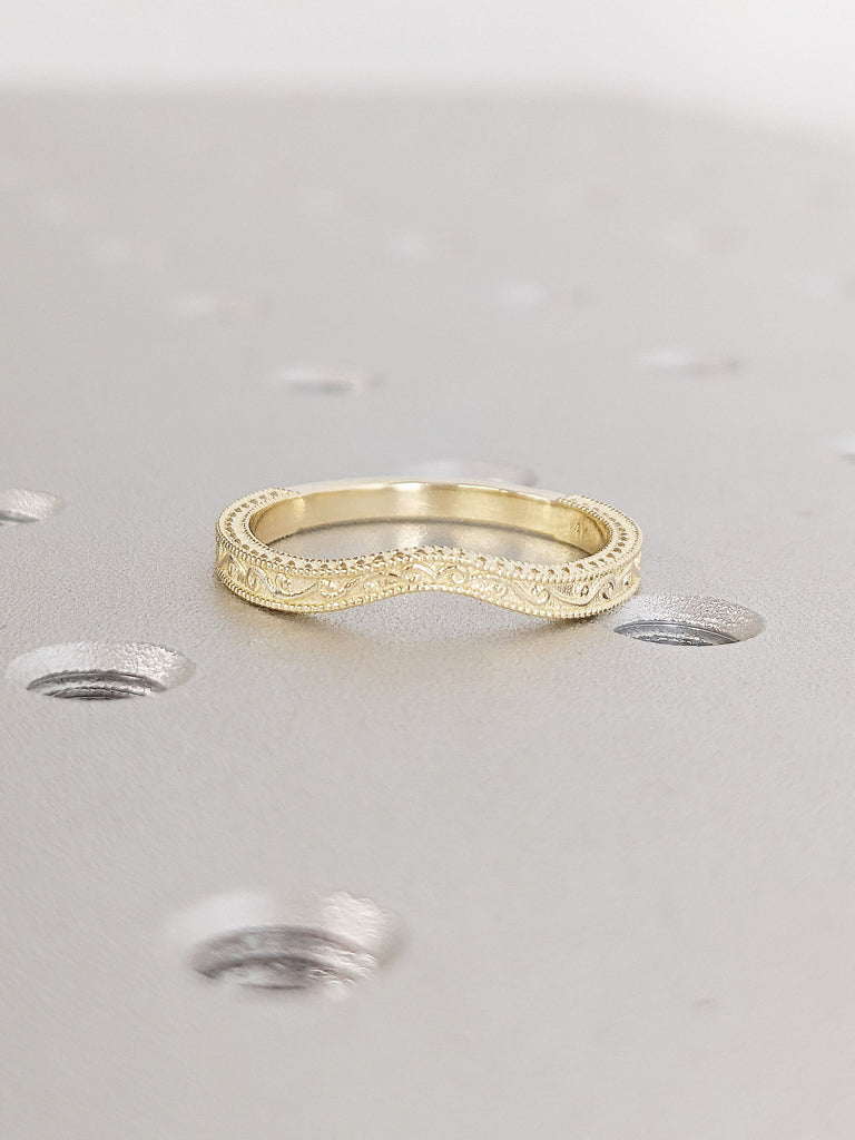 14K Yellow Gold Vintage Filigree Milgrain Women Wedding Band | Stacking Ring | Curve Matching Ring