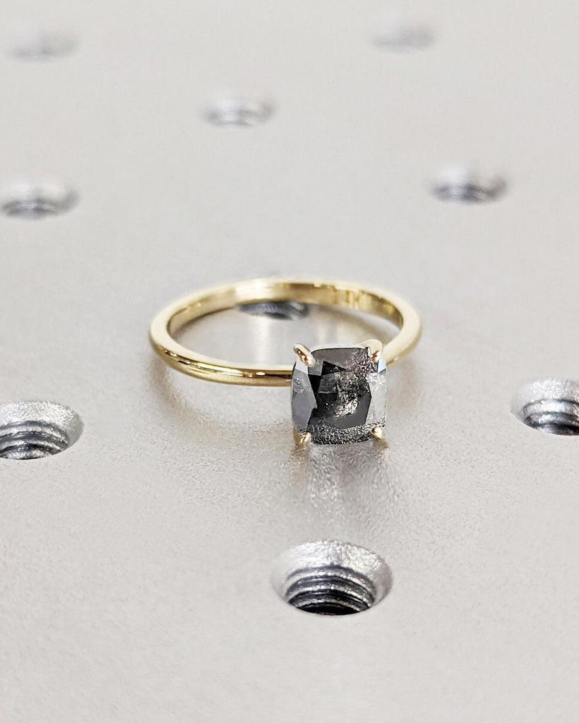 Cushion Cut Salt and Pepper Diamond Ring | 14K Gold Minimalist Cushion Ring | Dainty Cushion Ring | 4 Prong Solitaire | Unique Proposal Ring
