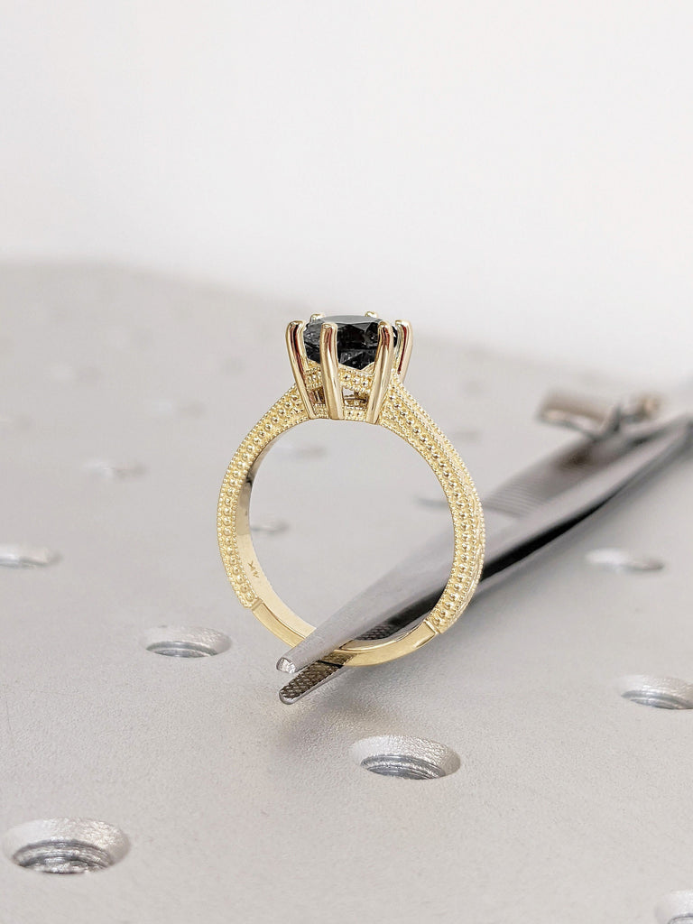 High Setting Gallery Rail 14K Yellow Gold Vintage Filigree Milgrain Women Wedding Ring | Solitaire Diamond Proposal Ring | 1ct Natural Black Diamond