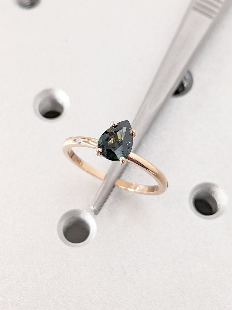 Pear Cut Natural Peacock Sapphire Engagement Cocktail Ring | Solid Gold, Platinum Blue Green Teal Sapphire Wedding Jewelry | Solitaire Ring