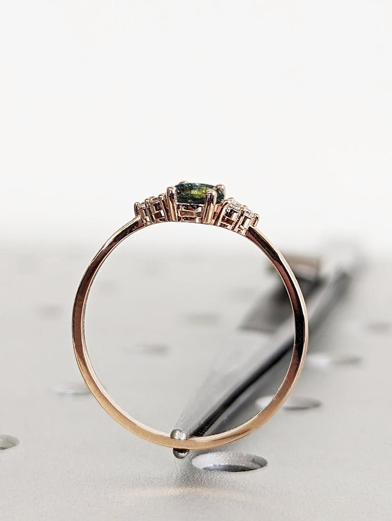 Green Blue Sapphire Engagement Ring | Art Deco Oval Sapphire Promise Ring | Unique Moissanite Cluster Ring | 14K 18K Rose Gold Bridal Ring