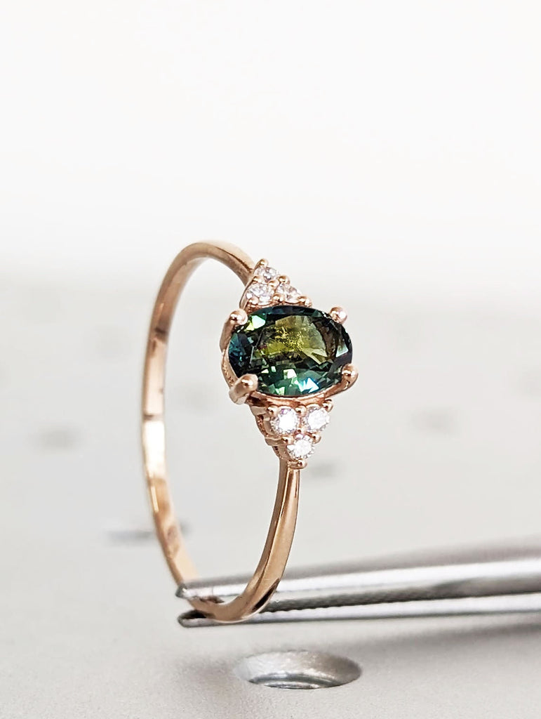 Oval Teal Sapphire Engagement Cocktail Ring | Vintage Rose Gold Moissanite Cluster Wedding Ring | Unique Peacock Sapphire Bridal Ring Anniversary