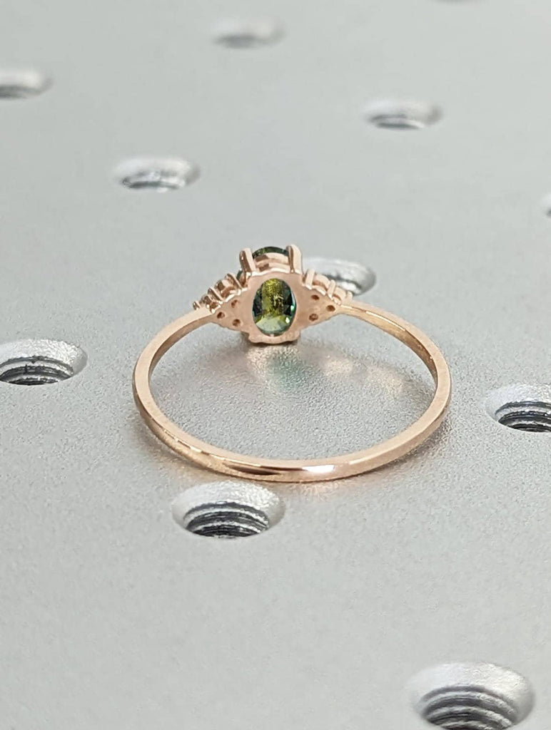 Green Blue Sapphire Engagement Ring | Art Deco Oval Sapphire Promise Ring | Unique Moissanite Cluster Ring | 14K 18K Rose Gold Bridal Ring