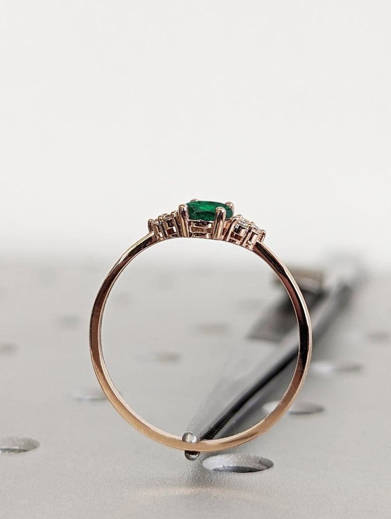 Green Lab Emerald Engagement Ring | Oval cut Emerald May Birthstone Ring | Art Deco Unique Multi Stone Diamond Ring | Rose Gold Promise Ring