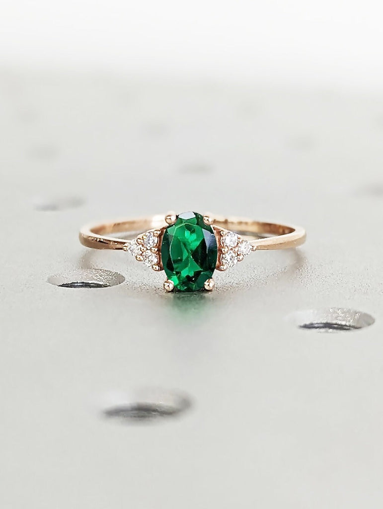 1ct Oval cut Lab Grown Emerald Solitaire Proposal Ring | Diamond Moissanite Cluster Promise Ring | Dainty Rose Gold Wedding Ring for Her