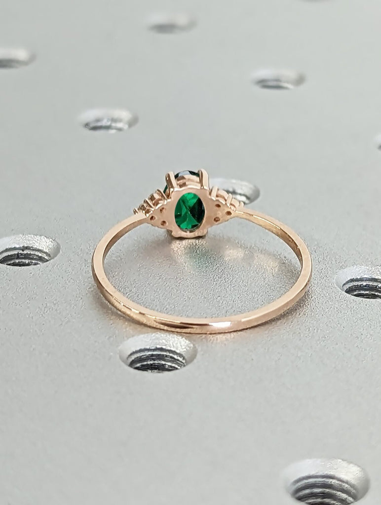 Green Lab Emerald Engagement Ring | Oval cut Emerald May Birthstone Ring | Art Deco Unique Multi Stone Diamond Ring | Rose Gold Promise Ring