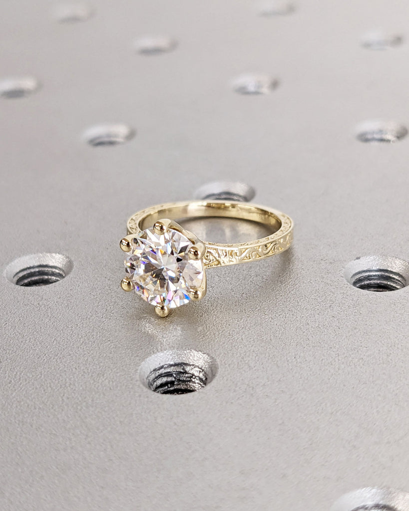 Round Moissanite Solitaire Vintage Inspired Engagement Ring | 14K Yellow Gold Filigree Engraving Wedding Band | Custom Unique Gift for Her