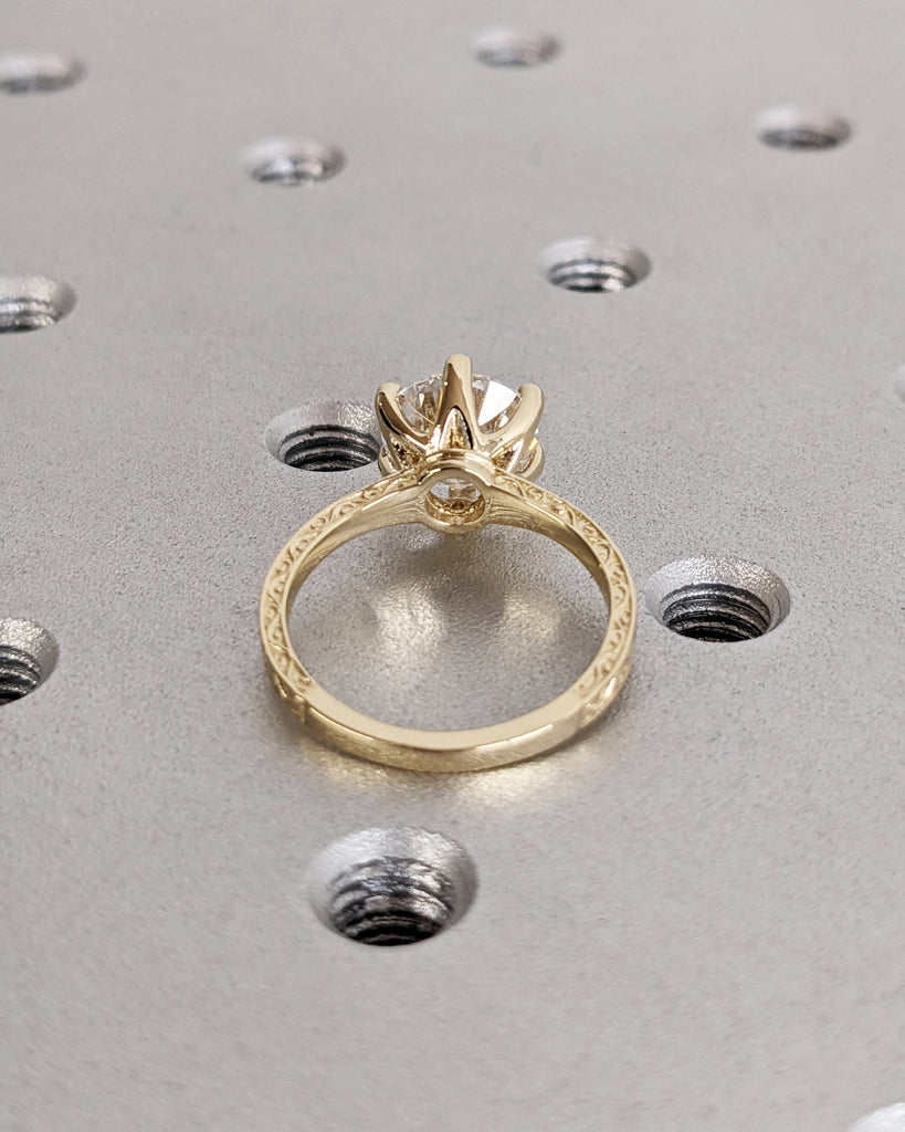 Round Moissanite Solitaire Vintage Inspired Engagement Ring | 14K Yellow Gold Filigree Engraving Wedding Band | Custom Unique Gift for Her