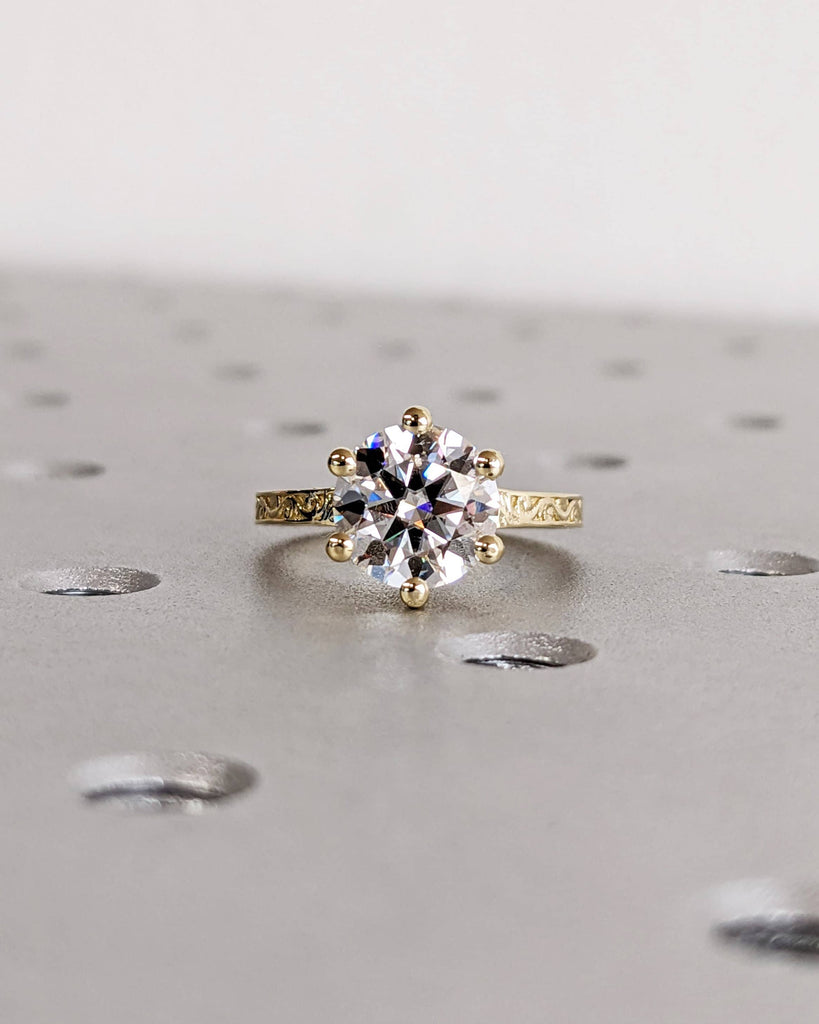 Round Moissanite Solitaire Vintage Inspired Engagement Ring | 14K Yellow Gold Filigree Engraving Wedding Band | Custom Unique Gift for Her