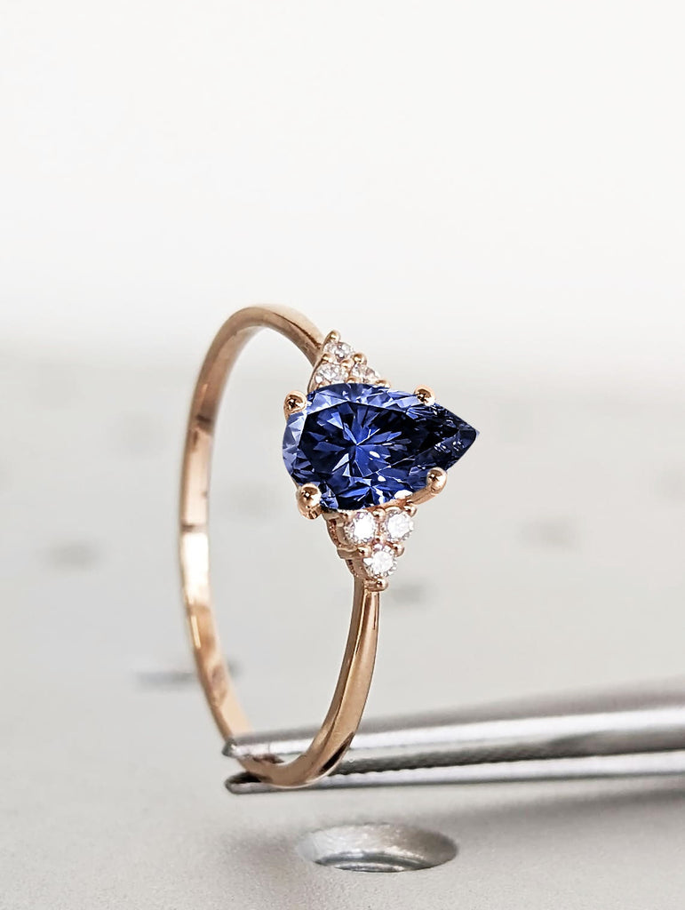 Pear Lab Sapphire Women Proposal Ring | 14K 18K Rose Gold Wedding Anniversary Ring | Royal Blue Sapphire September Birthstone Promise Ring