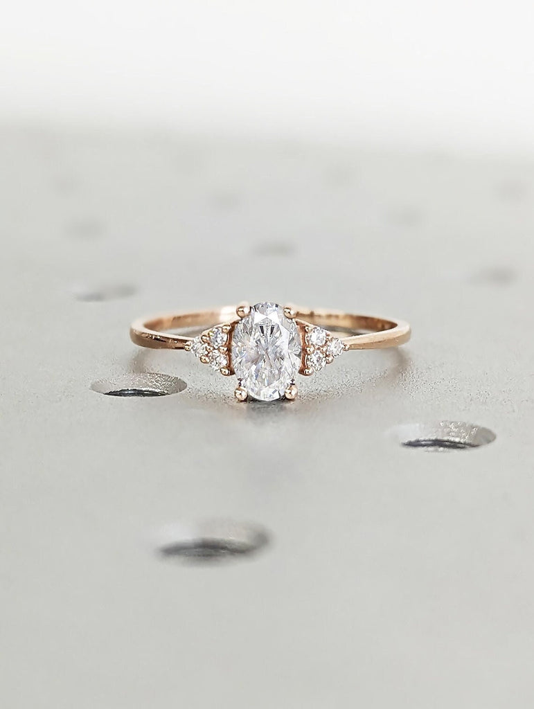 Art Deco Oval Moissanite Women Engagement Ring | 14K Rose Gold Diamond Ring | Unique Moissanite Cluster Anniversary Promise Ring for Her