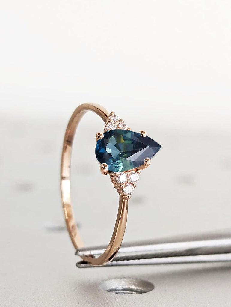 Blue Green Natural Sapphire Vintage Pear cut Diamond Cluster Proposal Ring | Rose Gold Proposal Ring