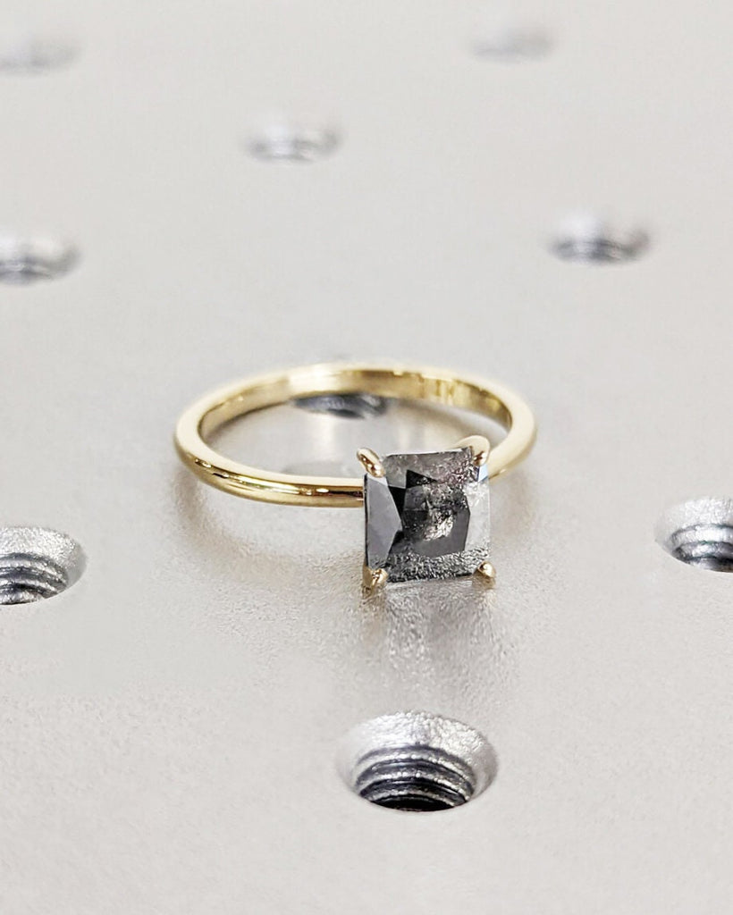 Dainty Princess Cut Engagement Ring | Salt and Pepper Diamond Princess Cut | Gold Promise Ring | 1.6mm Thin Band | Minimalist Solitaire Ring