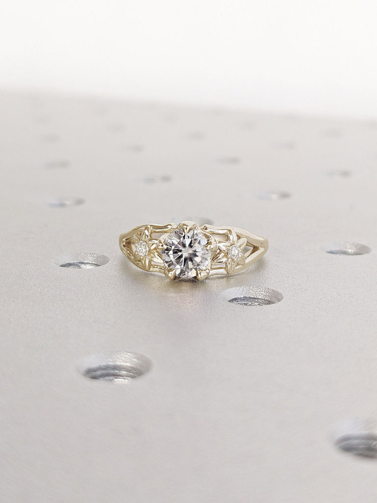 Flower Petal Engagement Ring Flower Setting Ring For Her Round Cut Three Stone Moissanite Ring Starburst Proposal Ring Nature Inspired Ring