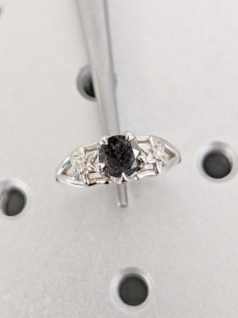 Celestial Inspired Round cut Salt and Pepper Diamond Engagement Cocktail Ring | My Sun & Stars Diamond Wedding Band | 14K 18K Solid Gold Platinum