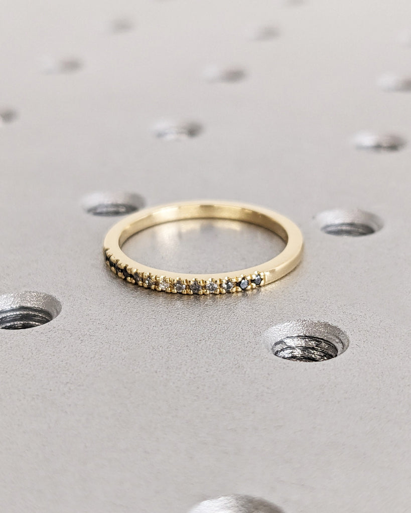 Thin Round Pavé Diamond Wedding Band, 18K Solid Yellow Gold Eternity Ring, Minimalist Ombre Matching Band, Diamond Engagement Stackable Ring