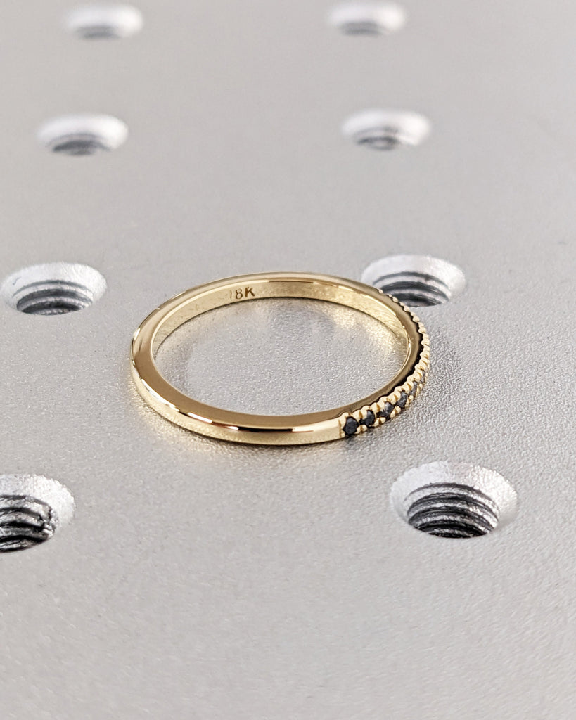 Thin Round Pavé Diamond Wedding Band, 18K Solid Yellow Gold Eternity Ring, Minimalist Ombre Matching Band, Diamond Engagement Stackable Ring