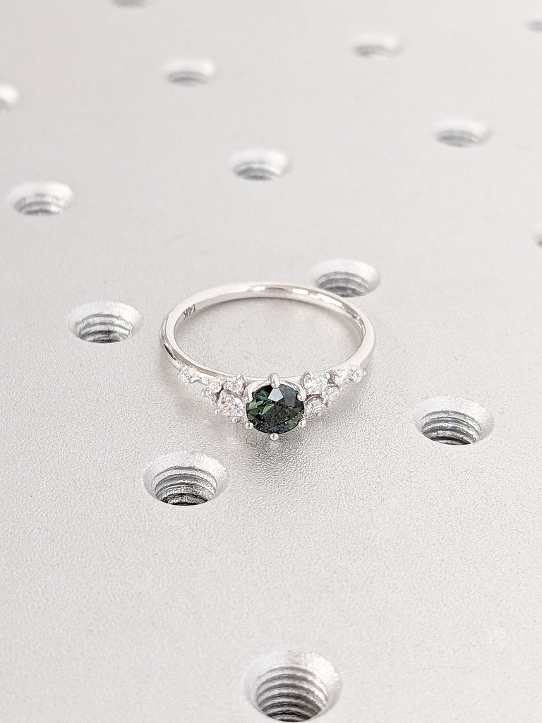 White Gold Green Sapphire Bridal Wedding Anniversary Ring | Multi Diamond Cluster Women Proposal Ring | Dainty Moissanite Promise Ring