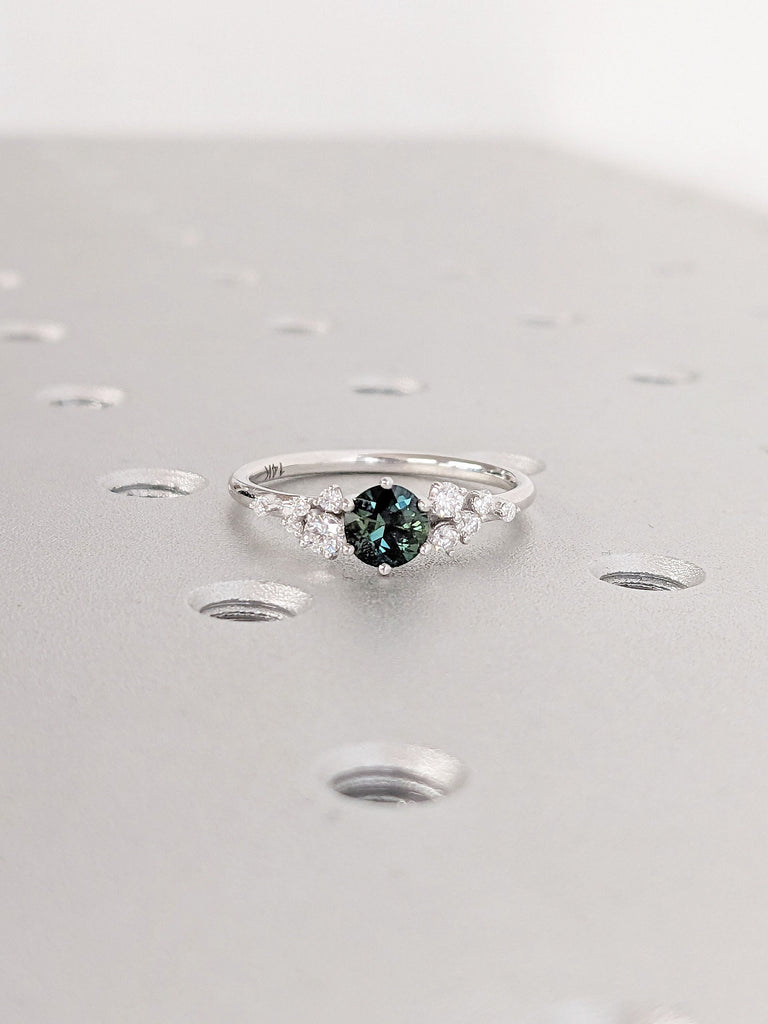 14K Round Teal Sapphire Engagement Ring | Solid Gold Vintage Solitaire Ring | Art Deco Blue Green Gemstone Minimalist Handmade Jewelry