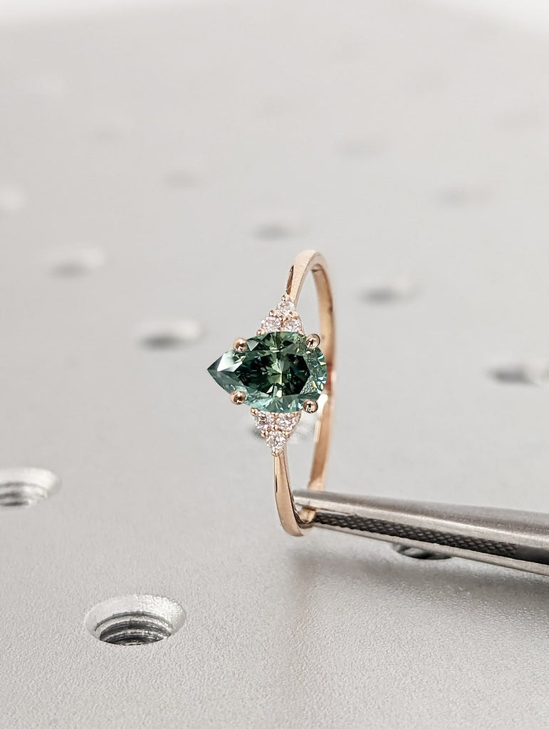 Pear cut Lab Emerald Art Deco Proposal Ring | 14K Rose Gold Moissanite Cluster Engagement Ring | Solitaire Ring