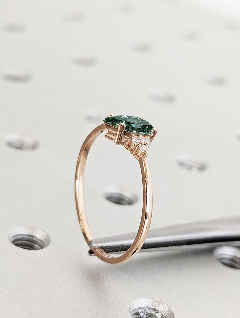 Pear cut Lab Emerald Engagement Ring | Green Gemstone May Birthstone Ring | Art Deco Unique Diamond Cluster Ring | Rose Gold Proposal Ring