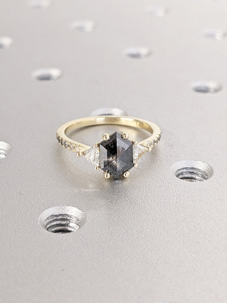 Natural Salt and Pepper Black Diamond Unique Proposal Solitaire Ring for Her | Triangle Shape Moissanite Solid Gold Half Eternity Band