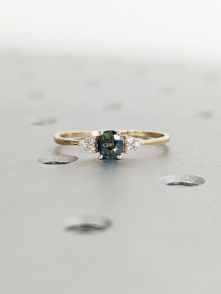 Art Deco Natural Peacock Sapphire Unique Proposal Ring | Solid Rose Gold Dainty Wedding Ring | Womens Bridal Jewelry | Birthstone Ring