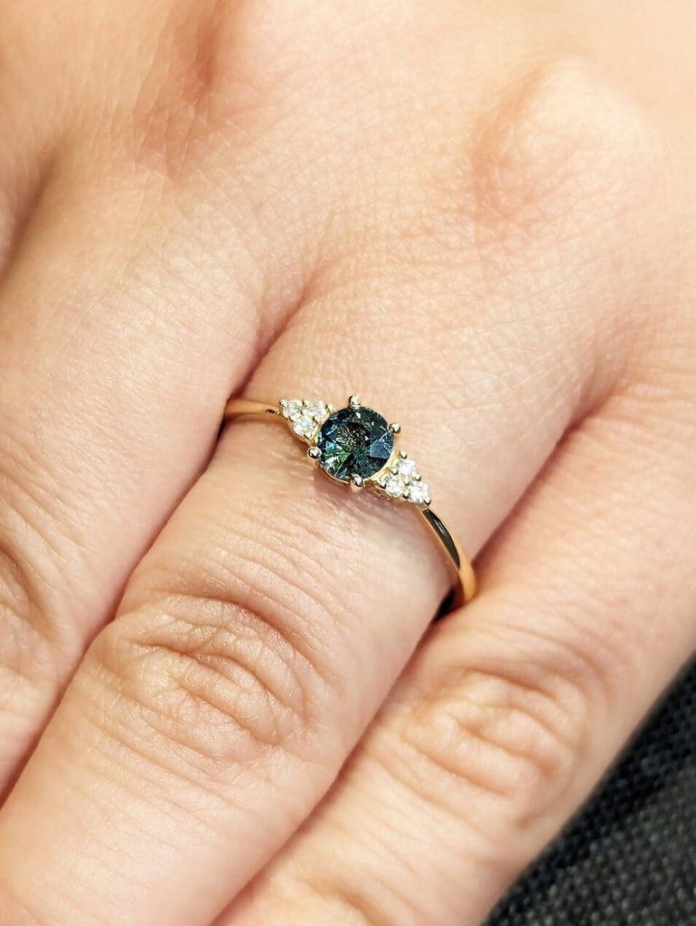 Natural Blue Green Sapphire Wedding Anniversary Ring for Wife | 14K 18K Yellow Gold Art Deco Proposal Ring | Moissanite Cluster Promise Ring