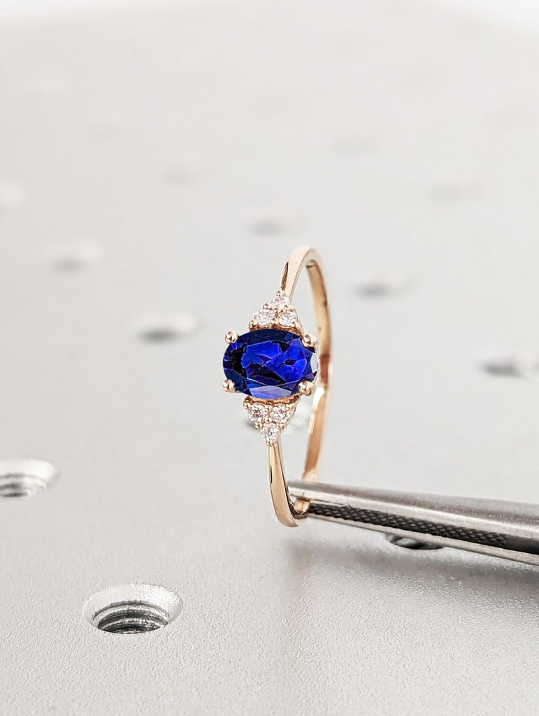 Art Deco Blue Sapphire Unique Proposal Ring for Her | Solid Gold, Platinum Dainty Ring | Lab Grown Sapphire Ring | Vintage Woman Bridal Ring