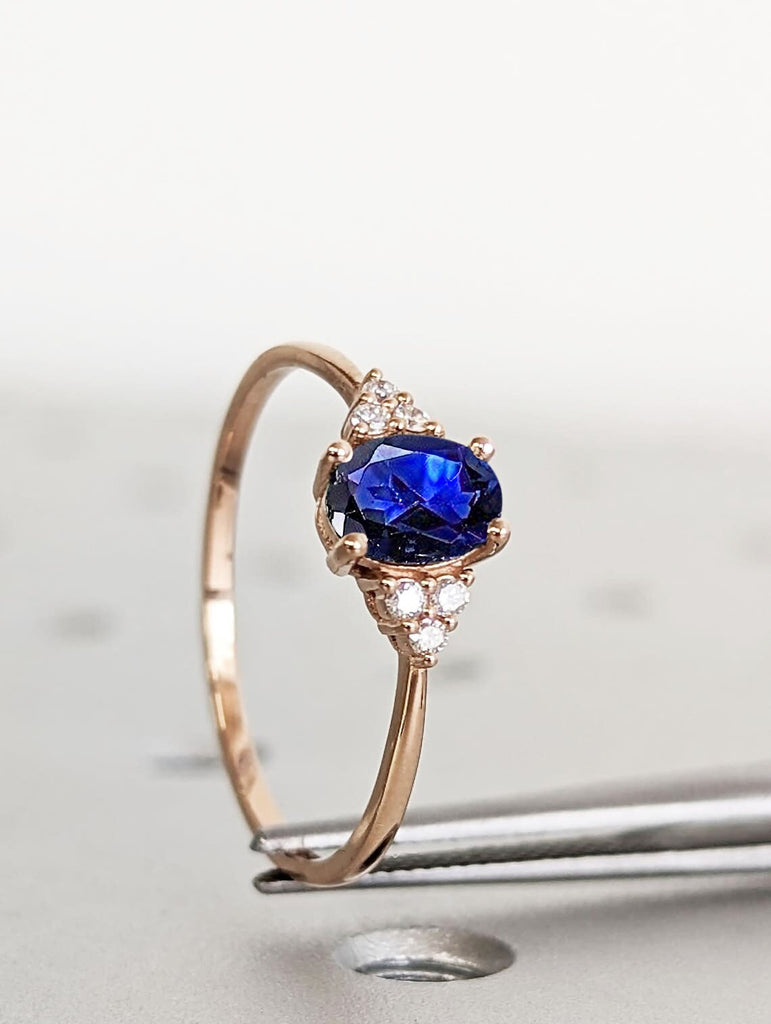 Vintage Blue Lab Sapphire Engagement Cocktail Ring | Rose Gold Wedding Band | 1, 1.5, 2CT Sapphire Ring | Simple Promise Ring for Her