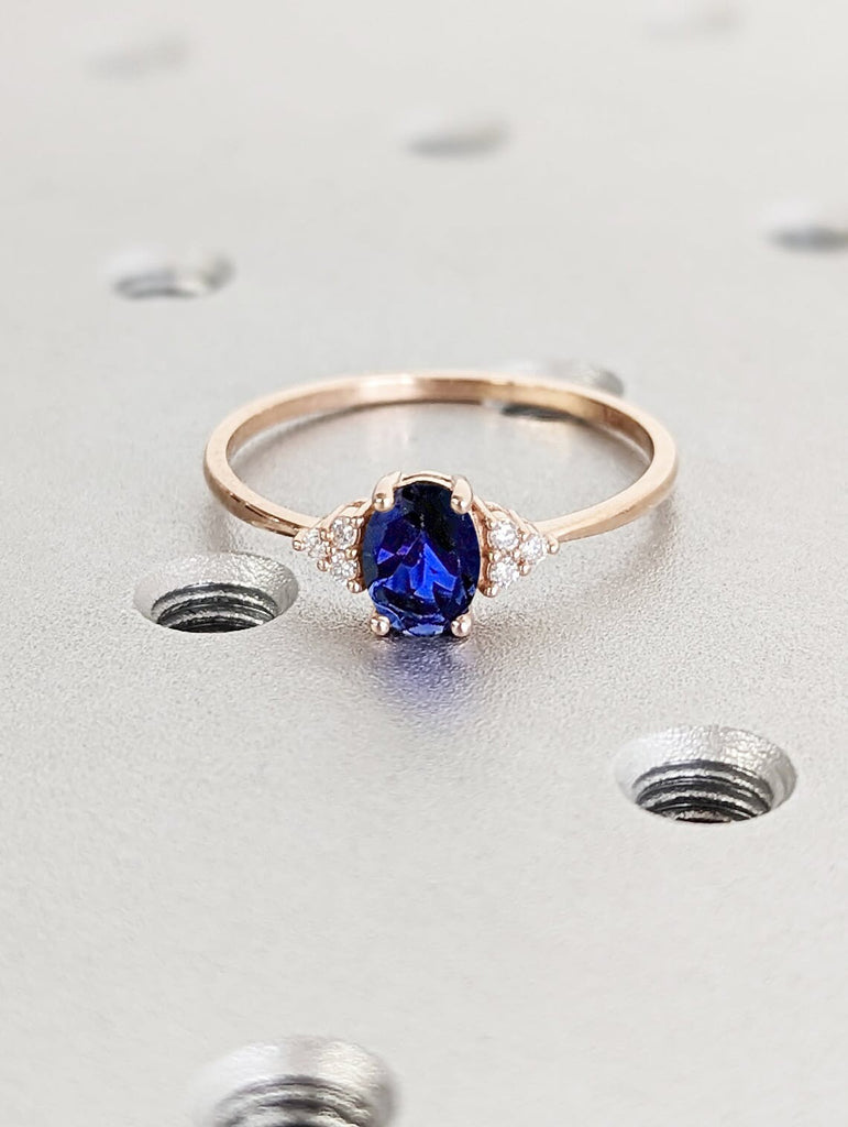 Oval cut Sapphire Solitaire Proposal Ring | Multi Stone Diamond Wedding Ring | Dainty Rose Gold Promise Ring for Girlfriend