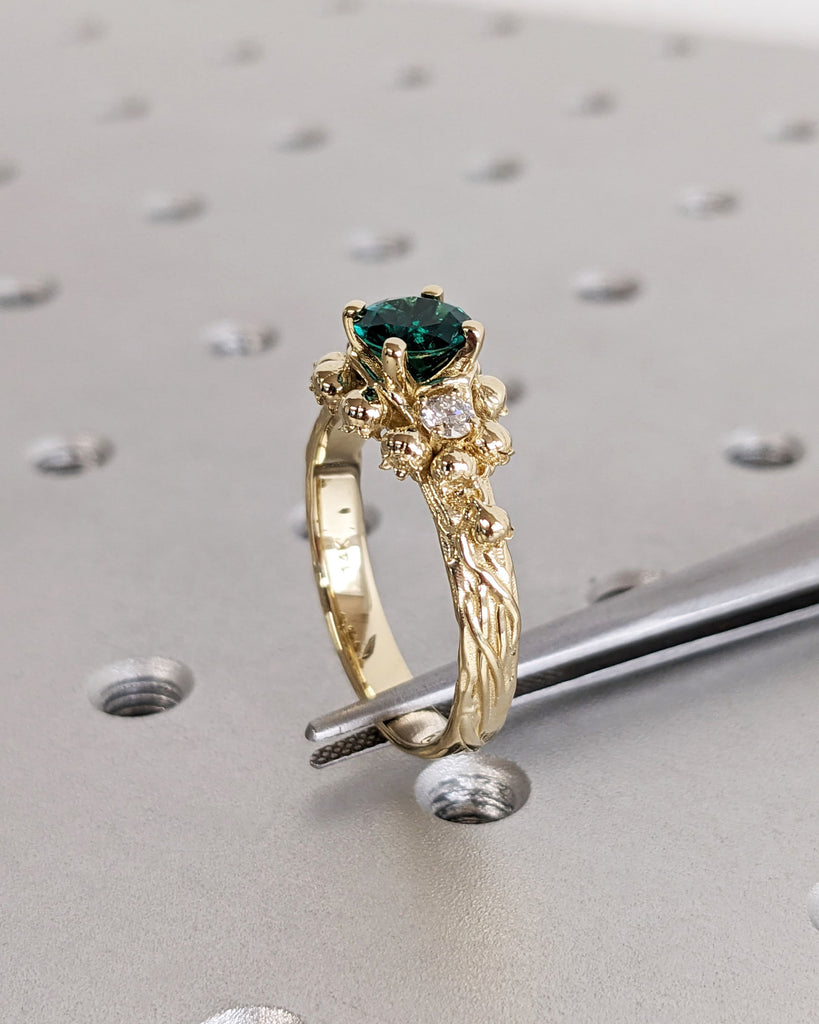 Art Nouveau Lab Emerald Engagement Ring, 14K Solid Yellow Gold Round Cut Lab Emerald Ring, Lily of the Valley White Diamond Wedding Band