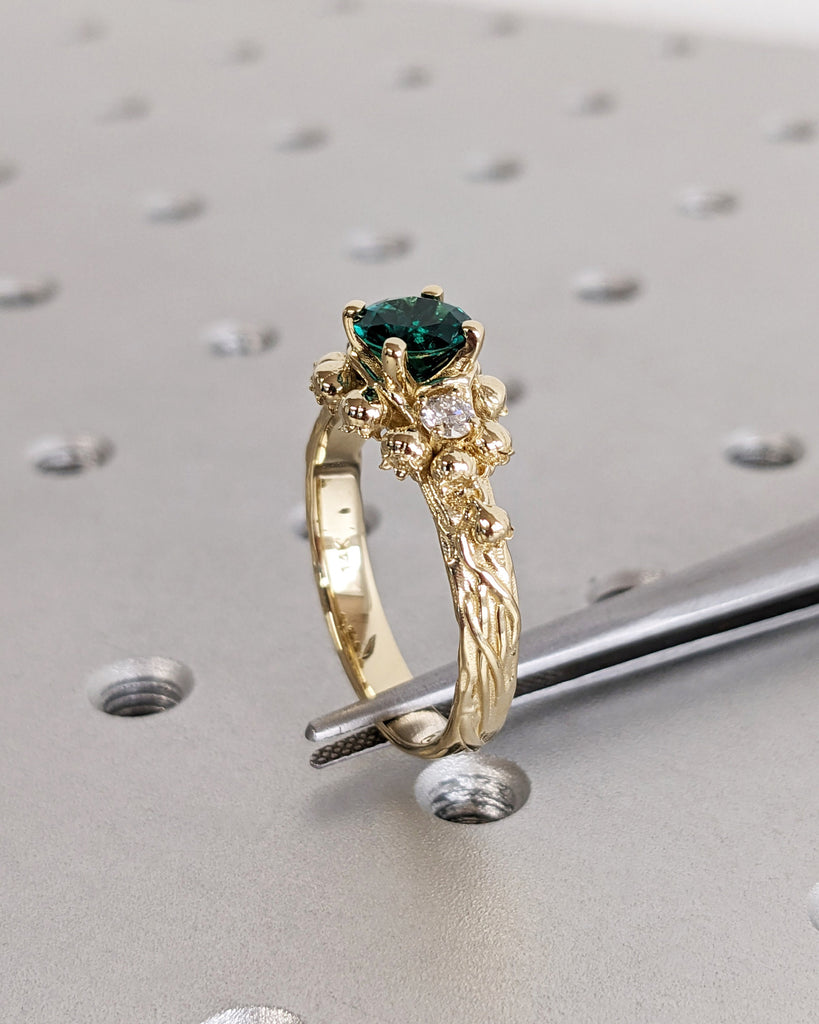 Art Nouveau Lab Emerald Engagement Ring, 14K Solid Yellow Gold Round Cut Lab Emerald Ring, Lily of the Valley White Diamond Wedding Band image #7