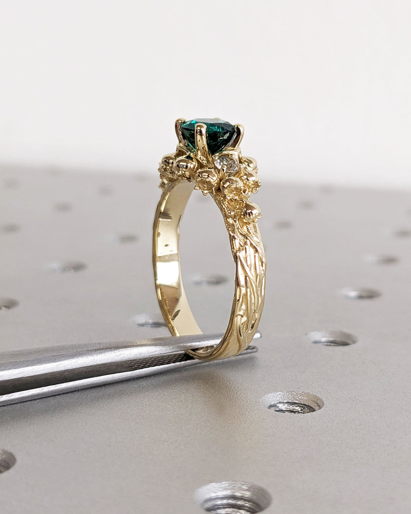 Art Nouveau Lab Emerald Engagement Ring, 14K Solid Yellow Gold Round Cut Lab Emerald Ring, Lily of the Valley White Diamond Wedding Band image #9