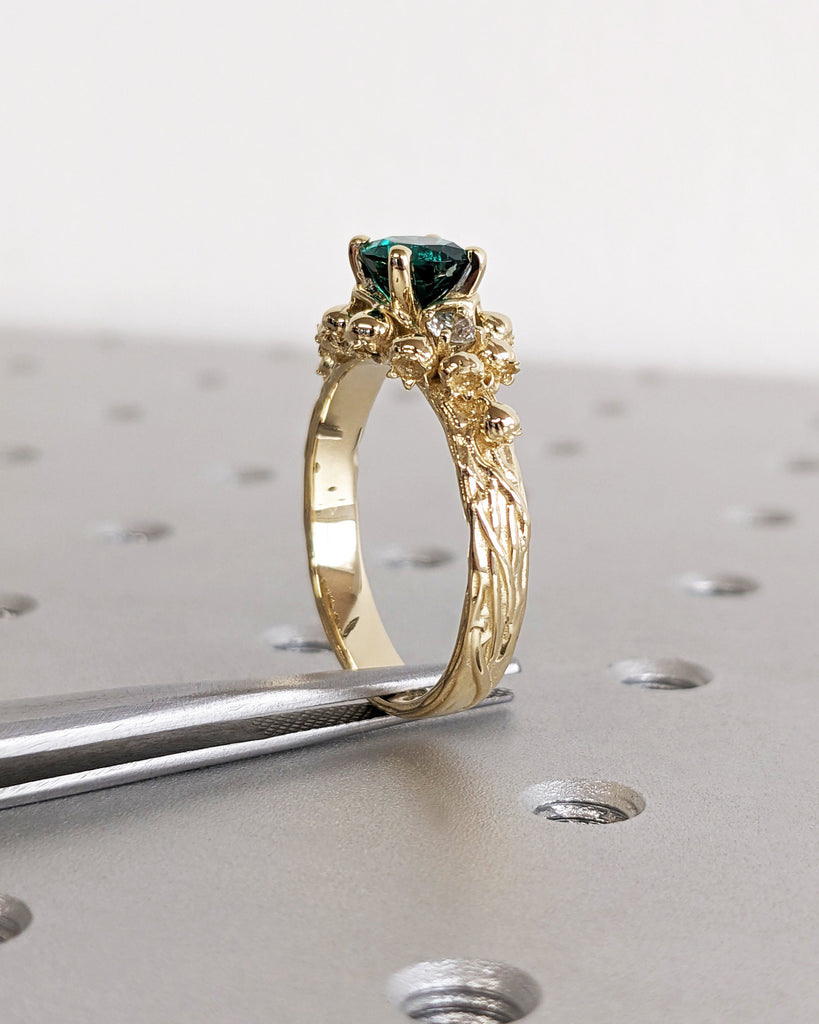 Art Nouveau Lab Emerald Engagement Ring, 14K Solid Yellow Gold Round Cut Lab Emerald Ring, Lily of the Valley White Diamond Wedding Band