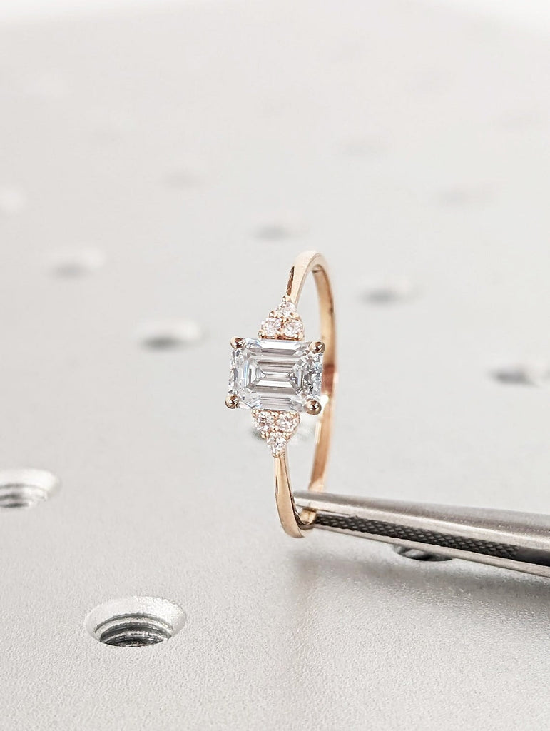 Emerald cut Lab Grown Diamond Women Engagement Ring | Rose Gold Tapered Wedding Band | Moissanite Cluster Ring | Alternative Bridal Jewelry