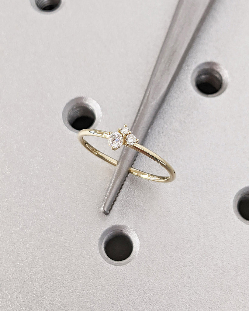 Minimalist Ring 14K Solid Gold | Diamond Ring | 1.2MM Triple Stone Ring | Thin Gold Stacking Rings | Promise Ring | Moissanite Cluster Ring