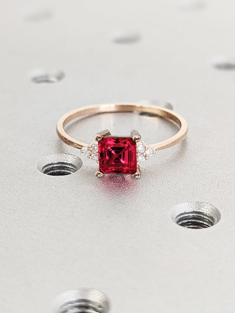 Radiant Red Ruby Engagement Ring in Solid Gold | Lab Ruby Ring in 14K Rose Gold | Square Ruby Promise Ring | Woman Wedding Anniversary Gift