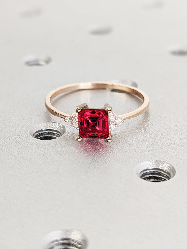 July Birthstone Red Ruby Woman Proposal Ring | 1ct Assher Cut Vintage Rose Gold Diamond Cluster Ring | Moissanite Bridal Ring Anniversary