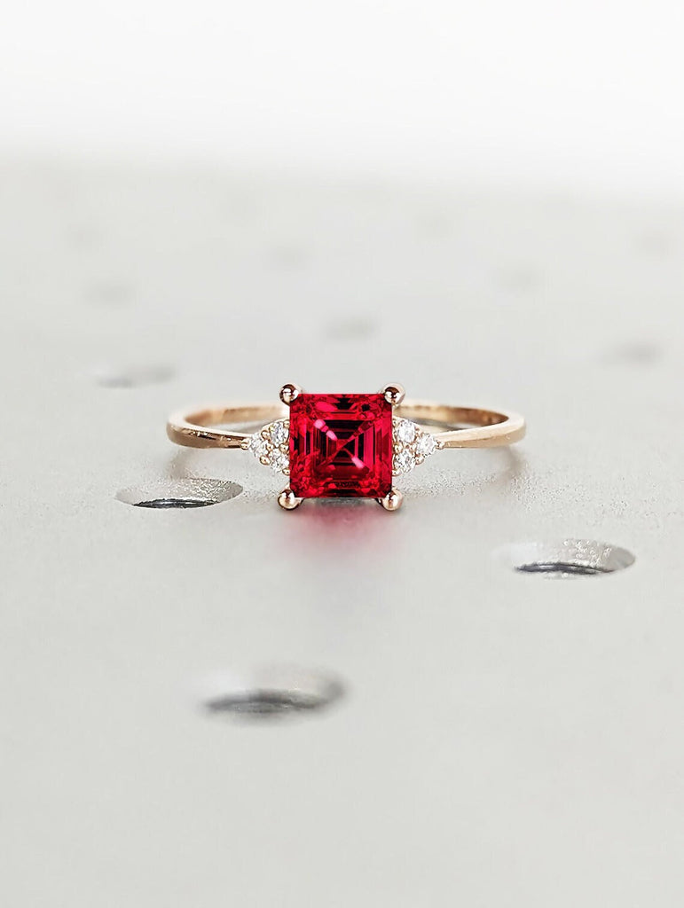 Radiant Red Ruby Engagement Ring in Solid Gold | Lab Ruby Ring in 14K Rose Gold | Square Ruby Promise Ring | Woman Wedding Anniversary Gift