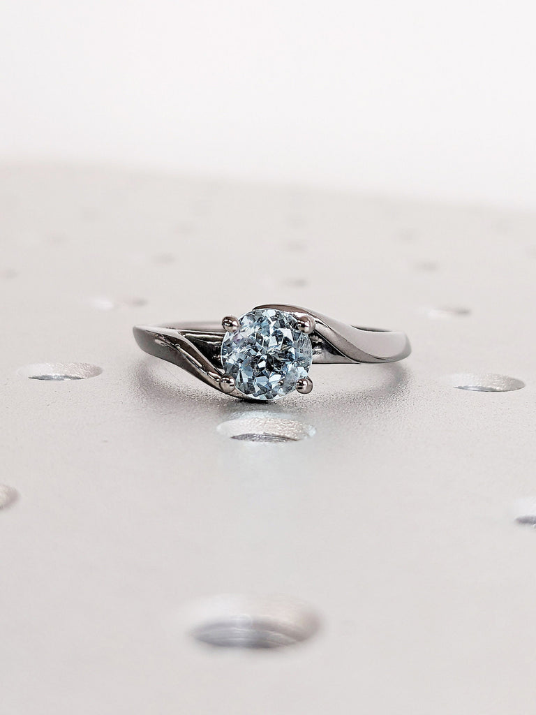 Round Lab Aquamarine Vintage Engagement Ring | 14K Black Gold Bypass Ring | Light Blue Gemstone Twisted Bridal Ring | Unique Gothic Jewelry