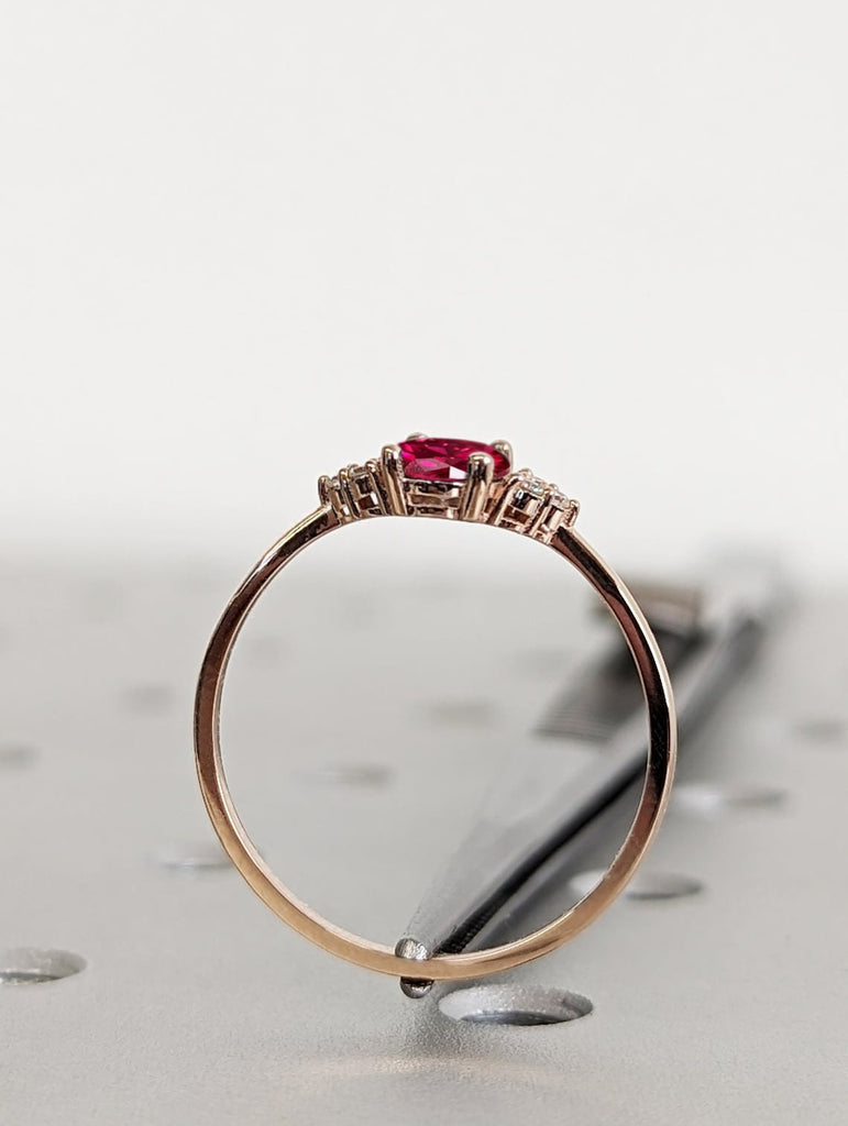 Round Red Ruby Engagement Cocktail Ring for Her | Lab Ruby Ring in 14K Rose Gold | Diamond Cluster Proposal Ring | Wedding Anniversary Gift