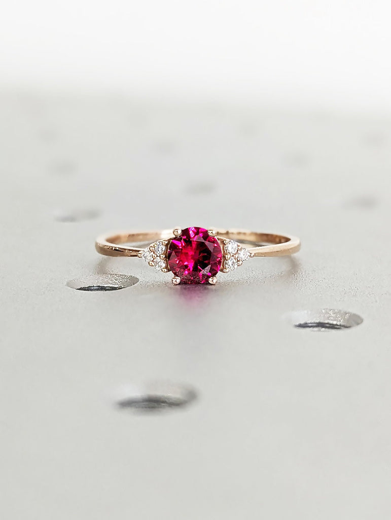 Conflict Free Red Ruby Unique Proposal Ring | 14K Rose Gold Diamond Cluster Engagement Ring